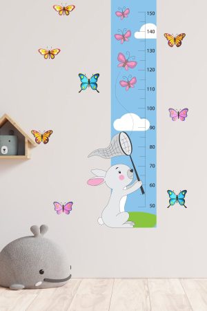 Kelebek Yakalayan Sevimli Tavşan Boy Ölçer Duvar Sticker - Görsel 5