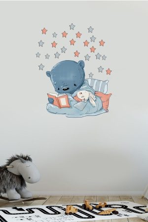 Kitap Okuyan Sevimli Ayıcık Ve Tavşan Çocuk Odası Duvar Sticker - Görsel 5