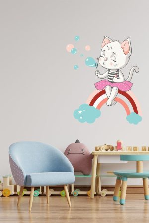 Gökkuşağı Ve Sevimli Kedi Baloncuklar Temalı Çocuk Odası Sticker - Görsel 8