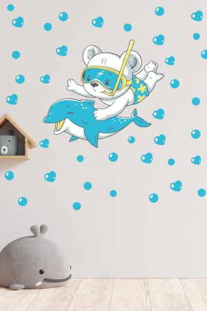 Yunus Yüzen Sevimli Ayıcık Ve Baloncuklar Temalı Duvar Sticker Seti - Görsel 8
