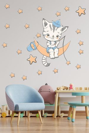Ayda Yıldız Toplayan Sevimli Kedicik Çocuk Odası Sticker - Görsel 8