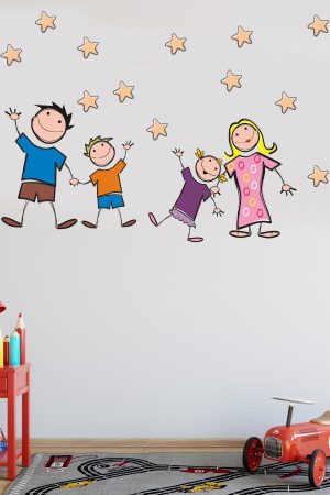 Neşeli Aile Ve Yıldızlar Çizgi Tasarımlı Okul Ve Çocuk Odası Sticker - Görsel 7