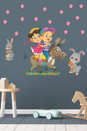 Eşeğe Binen Sevimli Çocuklar Ve Tavşanlar Çocuk Odası Duvar Sticker Seti - Görsel 7