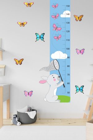 Kelebek Yakalayan Sevimli Tavşan Boy Ölçer Duvar Sticker - Görsel 6