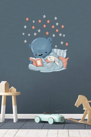 Kitap Okuyan Sevimli Ayıcık Ve Tavşan Çocuk Odası Duvar Sticker - Görsel 6