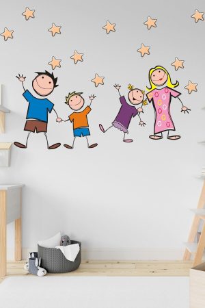 Neşeli Aile Ve Yıldızlar Çizgi Tasarımlı Okul Ve Çocuk Odası Sticker - Görsel 8