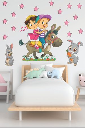 Eşeğe Binen Sevimli Çocuklar Ve Tavşanlar Çocuk Odası Duvar Sticker Seti - Görsel 8