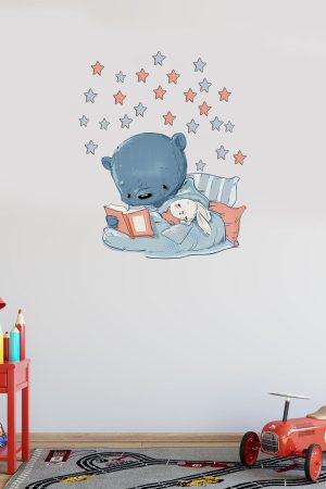 Kitap Okuyan Sevimli Ayıcık Ve Tavşan Çocuk Odası Duvar Sticker - Görsel 7