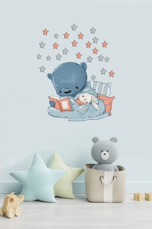 Kitap Okuyan Sevimli Ayıcık Ve Tavşan Çocuk Odası Duvar Sticker - Görsel 8