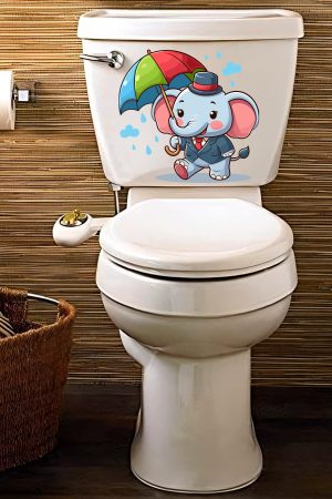 Yağmur Şemsiye ve Sevimli Fil Klozet Sticker Banyo Sticker - Görsel 3