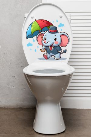 Yağmur Şemsiye ve Sevimli Fil Klozet Sticker Banyo Sticker - Görsel 4