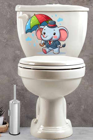 Yağmur Şemsiye ve Sevimli Fil Klozet Sticker Banyo Sticker - Görsel 1